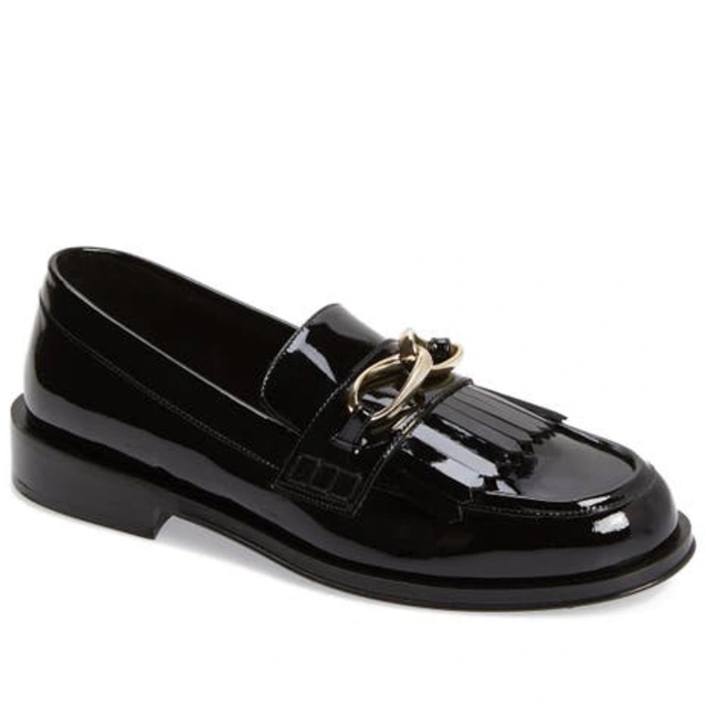 Frame Denim Black Patent Leather Loafers with Gold Detail